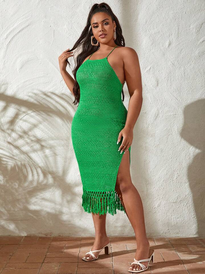 SHEIN VCAY Plus Lace Up Backless Split Thigh Fringe Hem Cami Dress | SHEIN