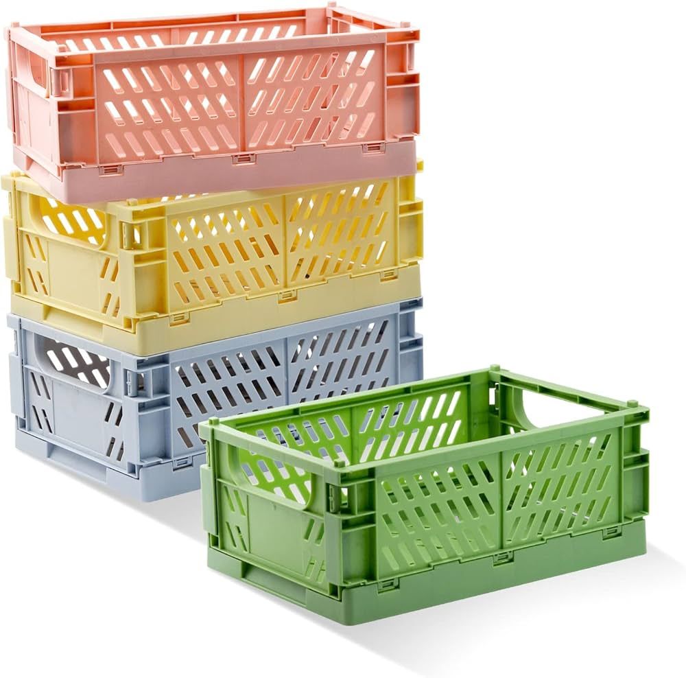 Xhwykzz 4 Pack Pastel Crates for Storage, Plastic Folding Basket, Colorful Small Storage Containe... | Amazon (US)