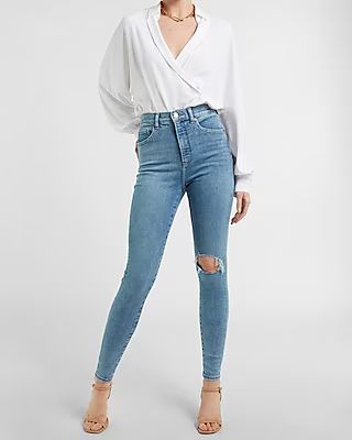 Super High Waisted Ripped Light Wash Skinny Jeans | Express