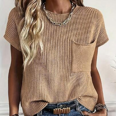 Women Vintage Sleeveless Knit Sweater Vest Loose Fit Mock Neck Cap Sleeve Casual Tank Top With Front Pocket | SHEIN