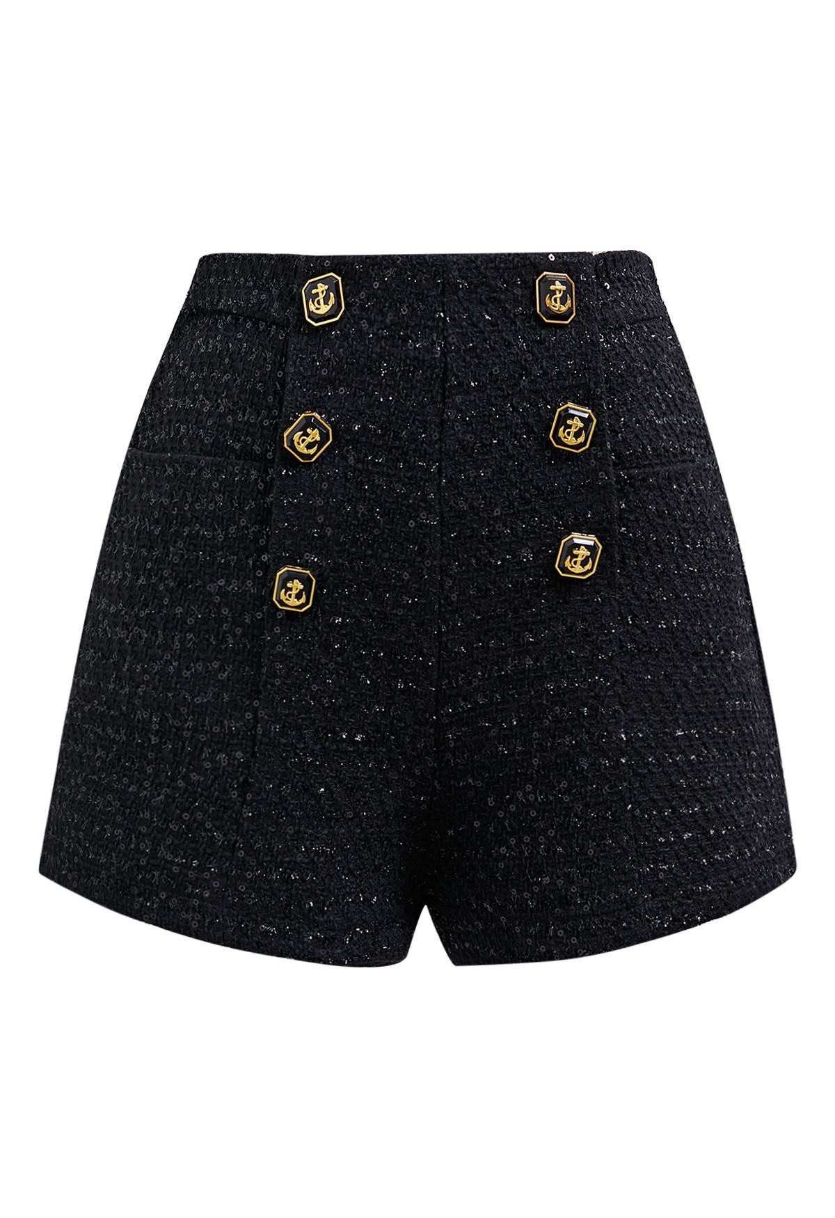 Mit Knöpfen verzierte, paillettenbesetzte Tweed-Shorts in Schwarz | Chicwish