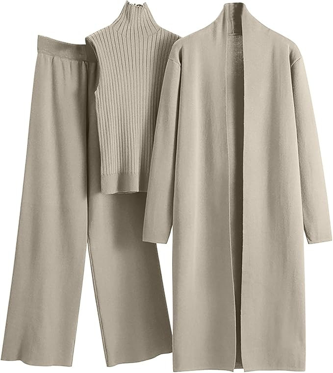 3 Piece Knit Lounge Set for women Long Sleeve Cardigan Turtleneck Tank Top and Wide Leg Pants Cas... | Amazon (US)