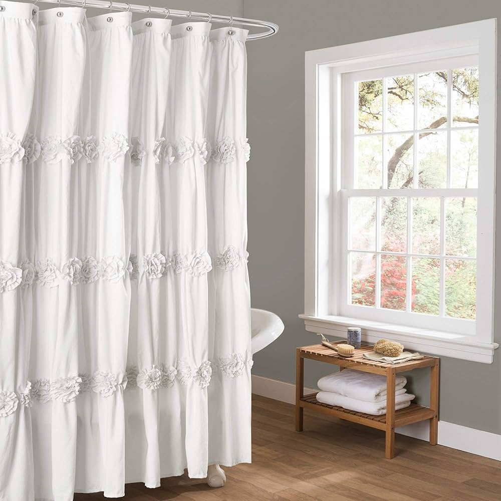 Lush Decor Darla Ruched Floral Bathroom Shower Curtain, 72” x 72”, White | Amazon (US)