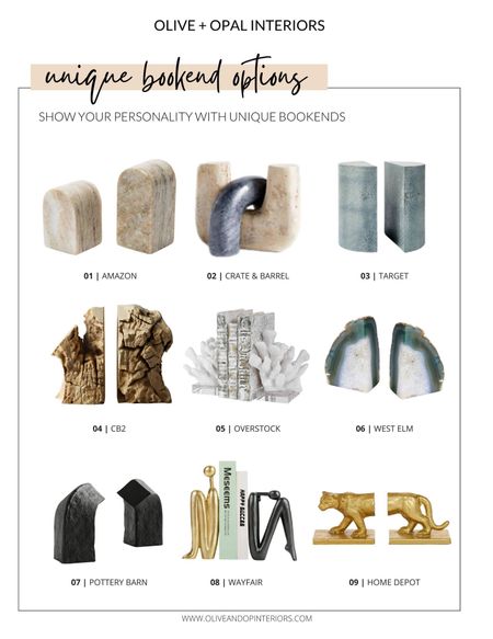 Bookends don’t have to be boring! Show your style with some of these unique options  
.
.
.
Unique Bookends
Stone 
Coral
Wood
Metal
Black
Gold
White
Gray
Amazon
Target
Wayfair 
Crate & Barrel
West Elm
CB2
Overstock
Pottery Barn
Home Depot

#LTKunder100 #LTKstyletip #LTKhome