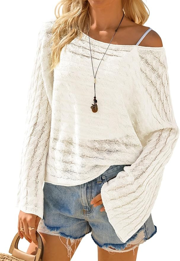 Saodimallsu Womens Crochet Beach Cover Ups Summer Off The Shoulder Long Sleeve Crop Boho Sheer Bo... | Amazon (US)