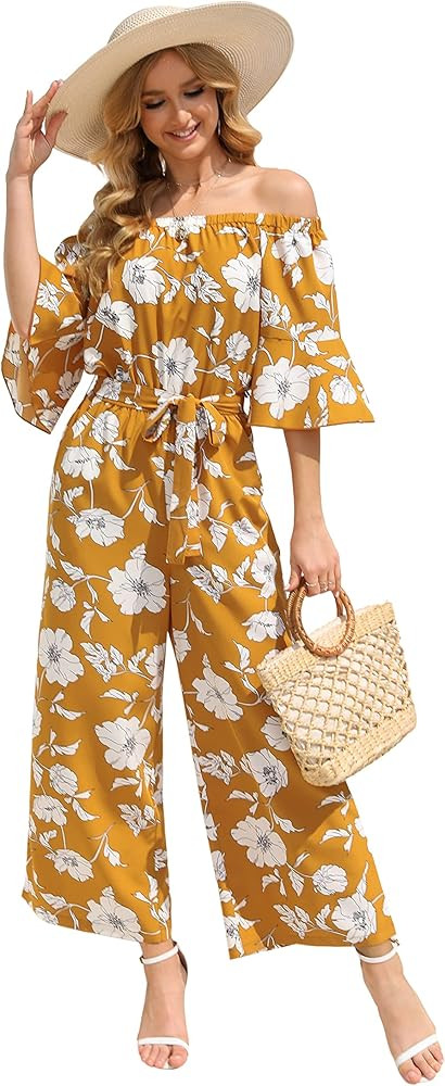 Love Welove Fashion Jumpsuits for Women, Floral Off Shoulder Ruffled Short Sleeve High Waist Wide... | Amazon (US)