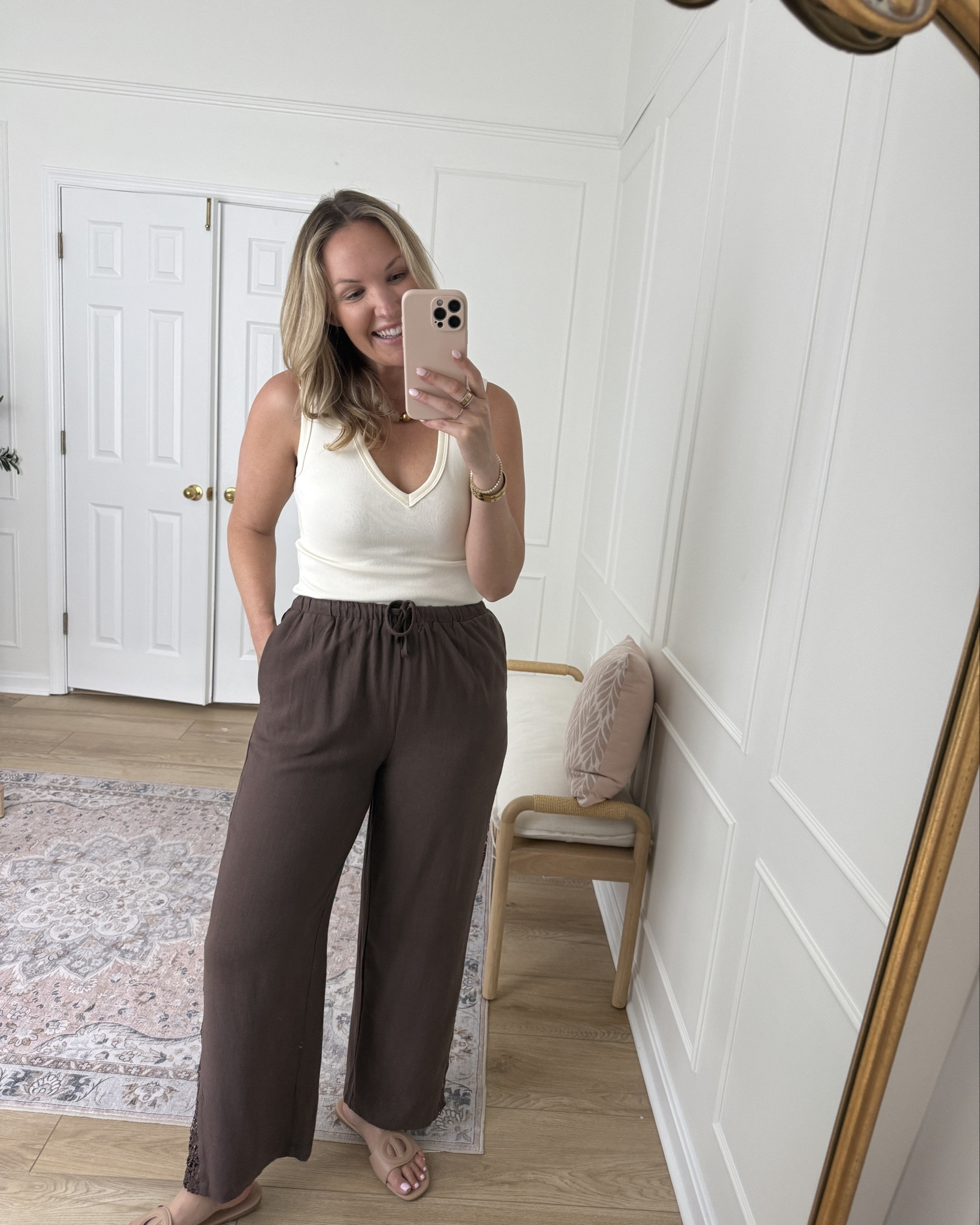 Casual summer outfit - love the lace detail on the side of the pants! Wearing a med top and large pants 