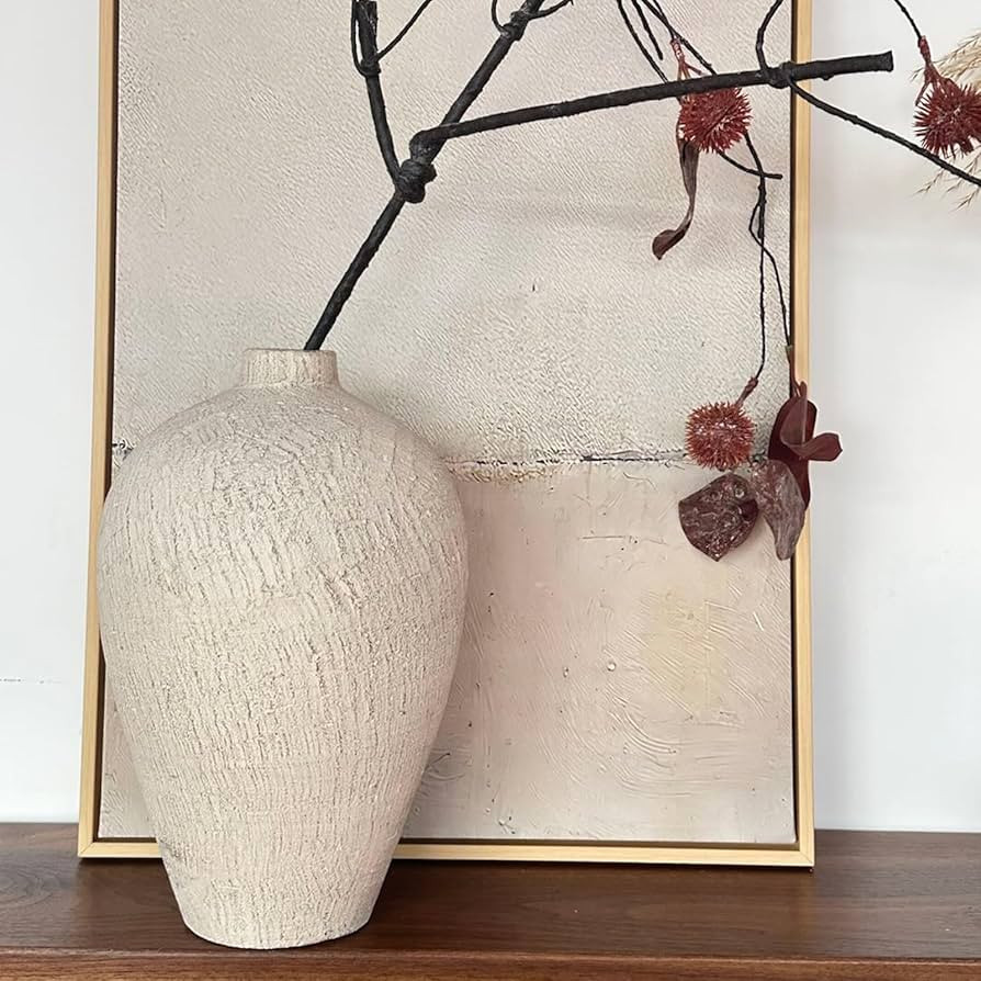 Beige White Ceramic Rustic Farmhouse Vase, 11.4 inch Organic Oval Vintage Textured Clay Decorativ... | Amazon (US)