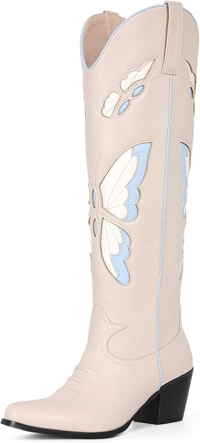 Ouepiano Women's Western Cowboy Embroidered Mid Calf Boots, Almond Pointed Toe 6cm Medium Chunky ... | Amazon (US)