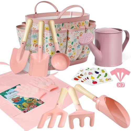 Kids Gardening Set 14Pcs Gardening Tools for Kids with Tote Bag,Watering Can, Shovel, Apron, Garden Book and More Educational STEM Learning Outdoor for Toddlers Boys Girls (Pink) | Amazon (US)
