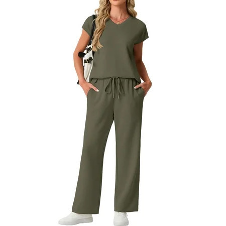 Cueply Two Piece Sets for Women Summer Casual Vacation Outfits Cap Sleeve Wide Leg Long Pants Lounge Sets | Walmart (US)