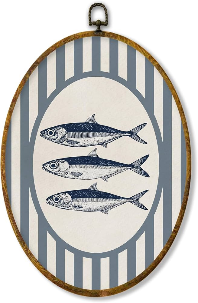 XPH Vintage Coastal Sardine Oval Wall Art Framed, Beach Sardine Fish Oval Wall Decor Accents, Blu... | Amazon (US)