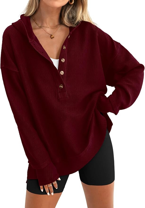 PRETTYGARDEN Womens Fashion 2025 Oversized Long Sleeve Hoodie Button Down V Neck Sweatshirt Side ... | Amazon (US)