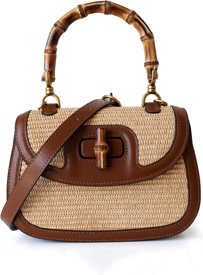 Small Women Tote bag, Bamboo Shape Handle, Leather and Straw Woven Top Handle Bags, Womens Crossb... | Amazon (US)