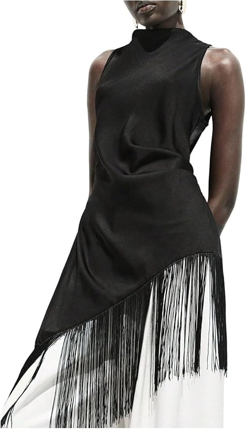 SHENHE Women's Satin Fringe Top Mock Neck Side Slit Asymmetrical Going Out Long Tank Party Top | Amazon (US)