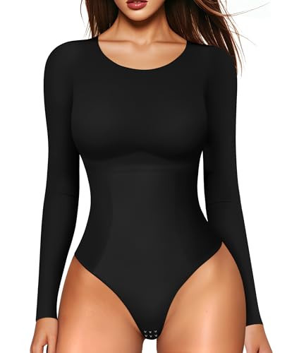 LODAY Black Bodysuit Women Long Sleeve Body Suits Tummy Control Slimming Crew Neck Bodysuits(Black Crew Neck, XX-Large) | Amazon (US)