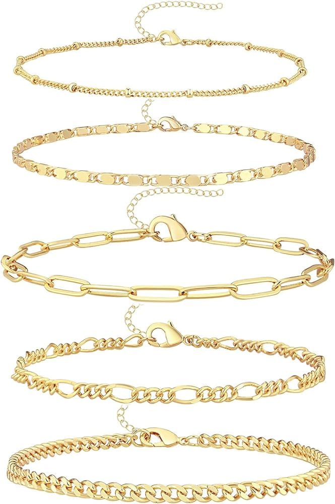 Gokeey Reoxvo Dainty Gold Chain Bracelets Set for Women 14K Real Gold Plated Link Chain Bracelets... | Amazon (US)