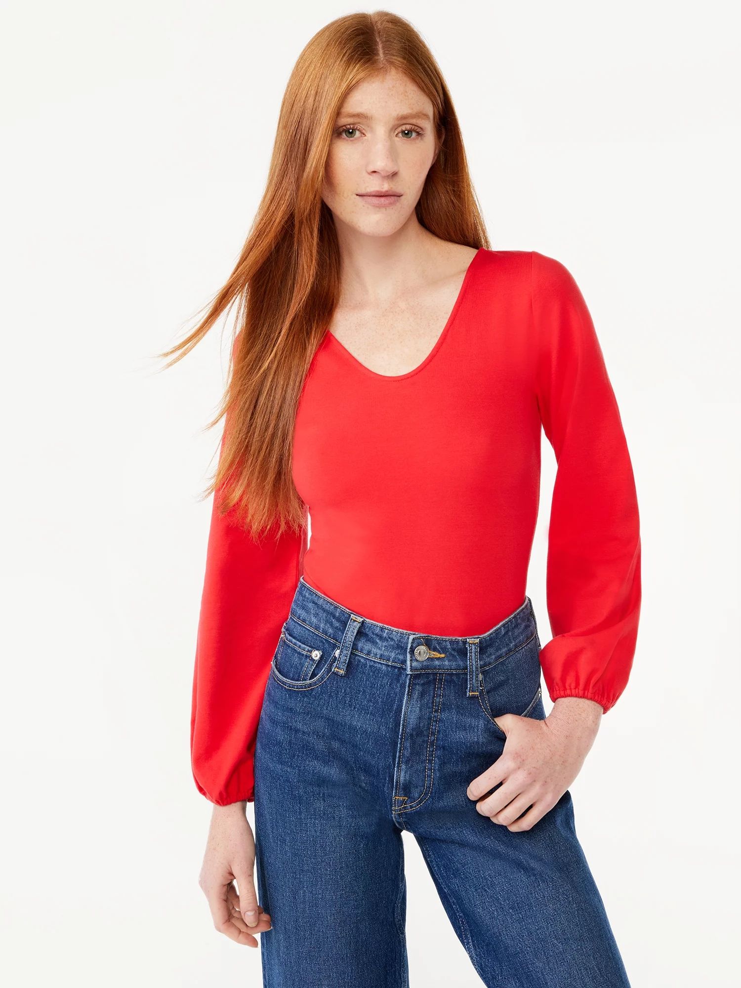 Free Assembly Women's V-Neck Bodysuit with Blouson Sleeves | Walmart (US)