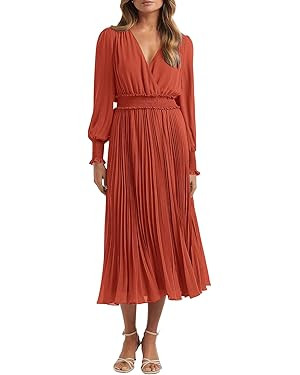 PRETTYGARDEN Womens Wrap V Neck Spring Dresses Wedding Guest Casual Pleated Long Sleeve Midi Dres... | Amazon (US)