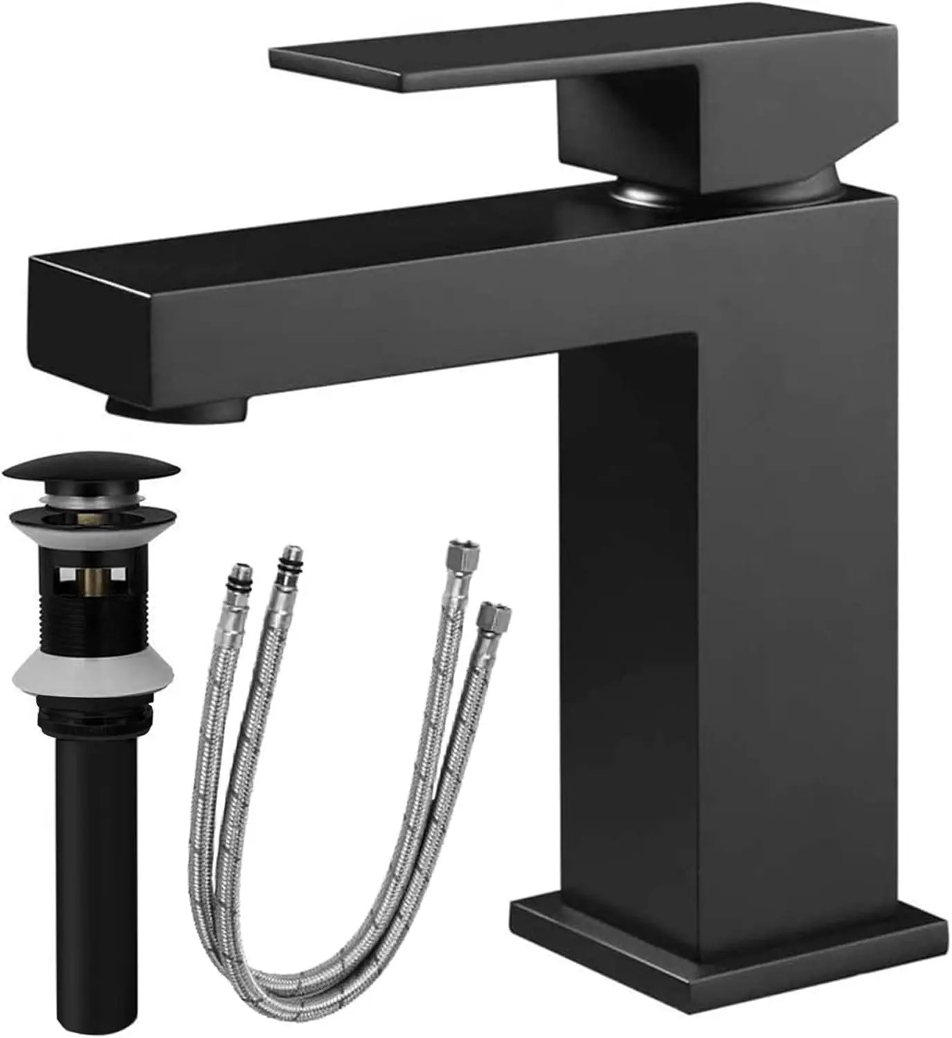 LOVMOR Single Handle Bathroom Faucet Matte Black Single Hole Bathroom Faucet Solid Brass Modern Square Bathroom Faucet with Pop-up Drain and Water | Lowe's