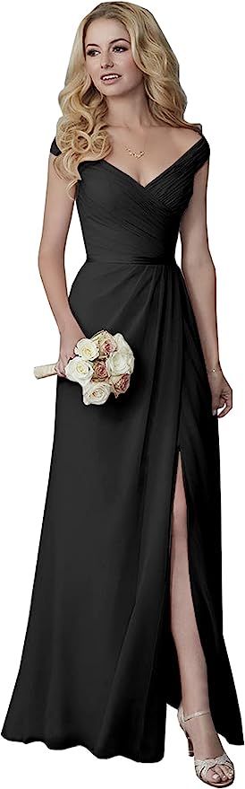 Yilis Women's Off The Shoulder Pleated Chiffon Bridesmaid Dresses Long Slit Formal Evening Party ... | Amazon (US)