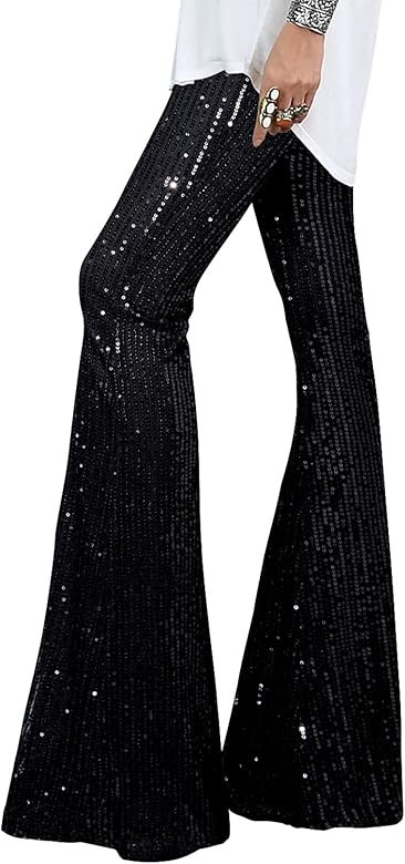 EVALESS Women Sequin Pants Sparkly Glitter High Waisted Wide Leg Flare Trousers Bell Bottom Night... | Amazon (US)