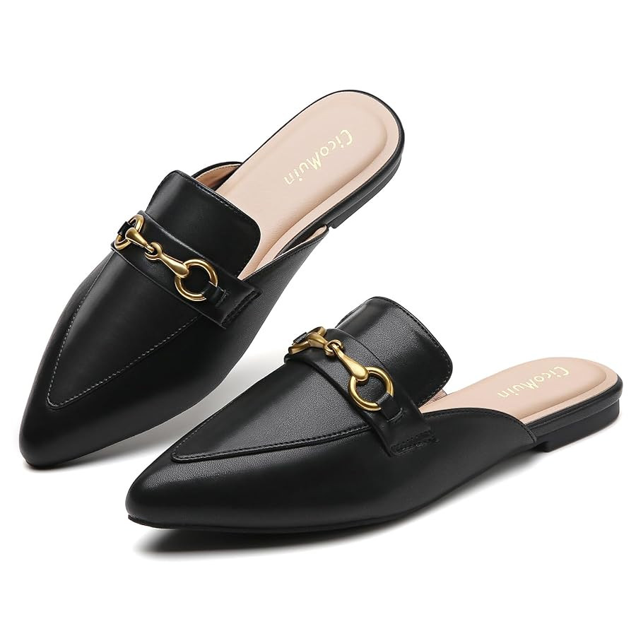 Buckle Mules for Women Pointed Toe Backless Flat Mules Slip on Slides Loafer Shoes | Amazon (US)