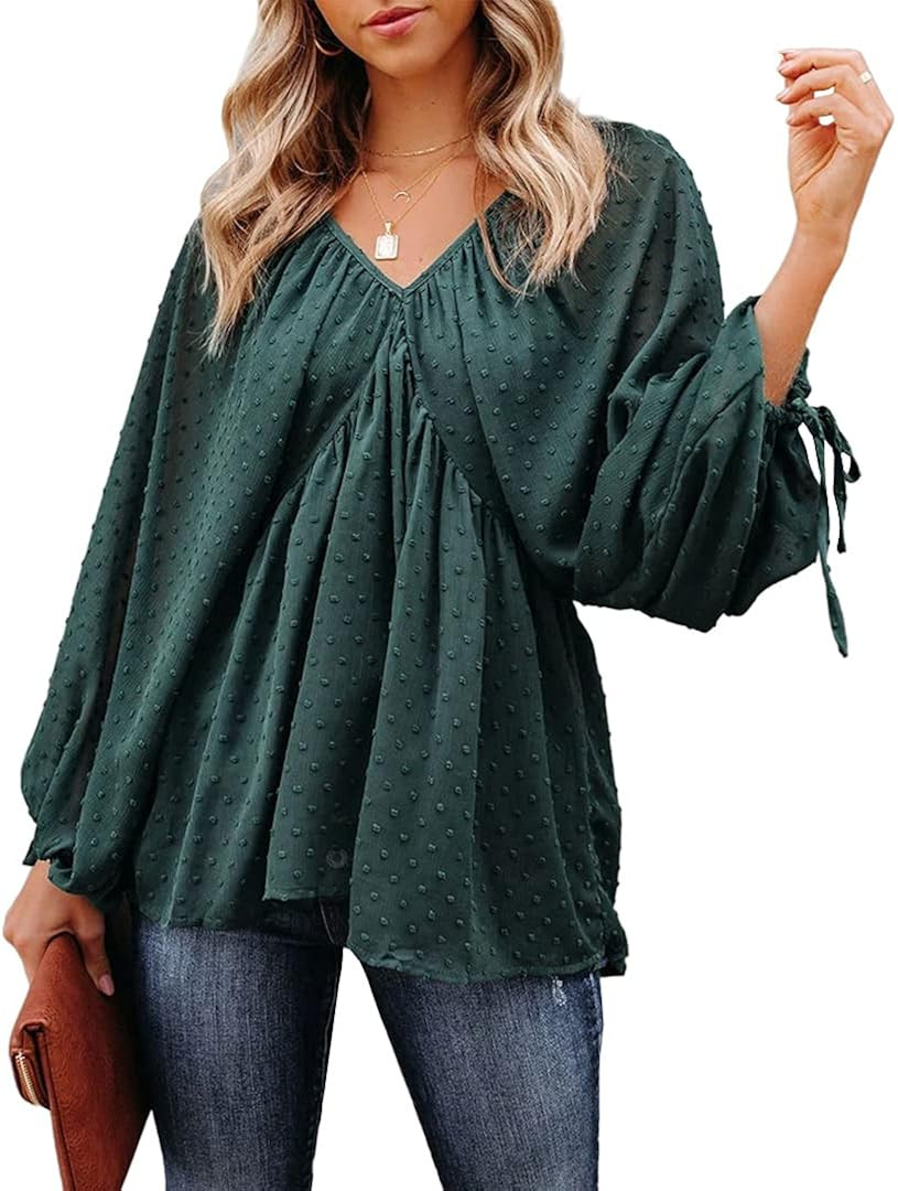 MIRACMODA Women's Shirts Swiss Dot Babydoll Tie Balloon Sleeve V-Neck Casual Loose Tops Blouse | Amazon (US)