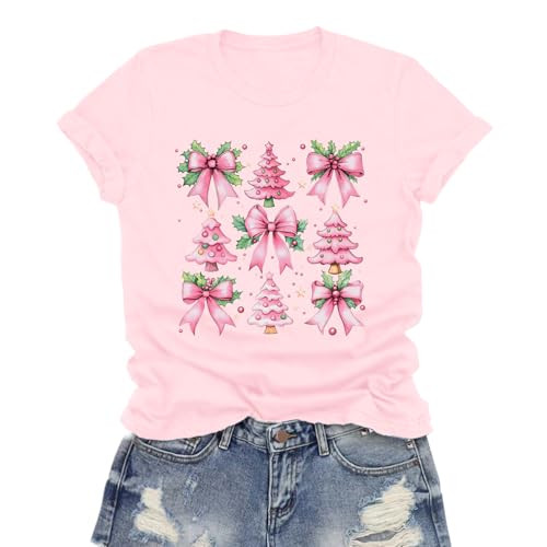 Christmas Shirts for Women Retro Coquette Bow Tshirt Xmas Candy Tree Tee Tops | Amazon (US)