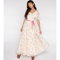 Floral Maxi Dress 70S Party Off-White Pink Boho Pleated 1970S Bohemian Vintage High Waist Retro Hippie Short Sleeve Small S | Etsy (US)