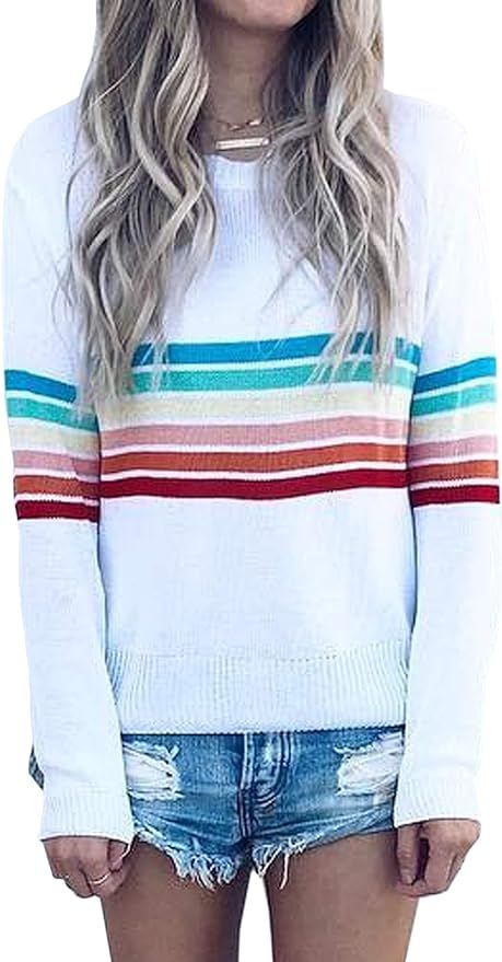 ECOWISH Women's Sweater Rainbow Colorful Striped Sweaters Long Sleeve Crew Neck Color Block Casua... | Amazon (US)