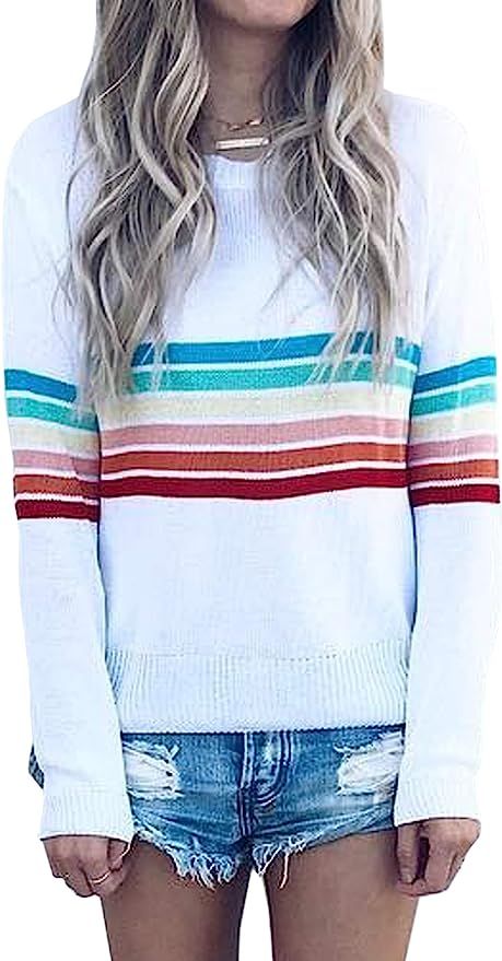 ECOWISH Women's Sweater Rainbow Colorful Striped Sweaters Long Sleeve Crew Neck Color Block Casua... | Amazon (US)