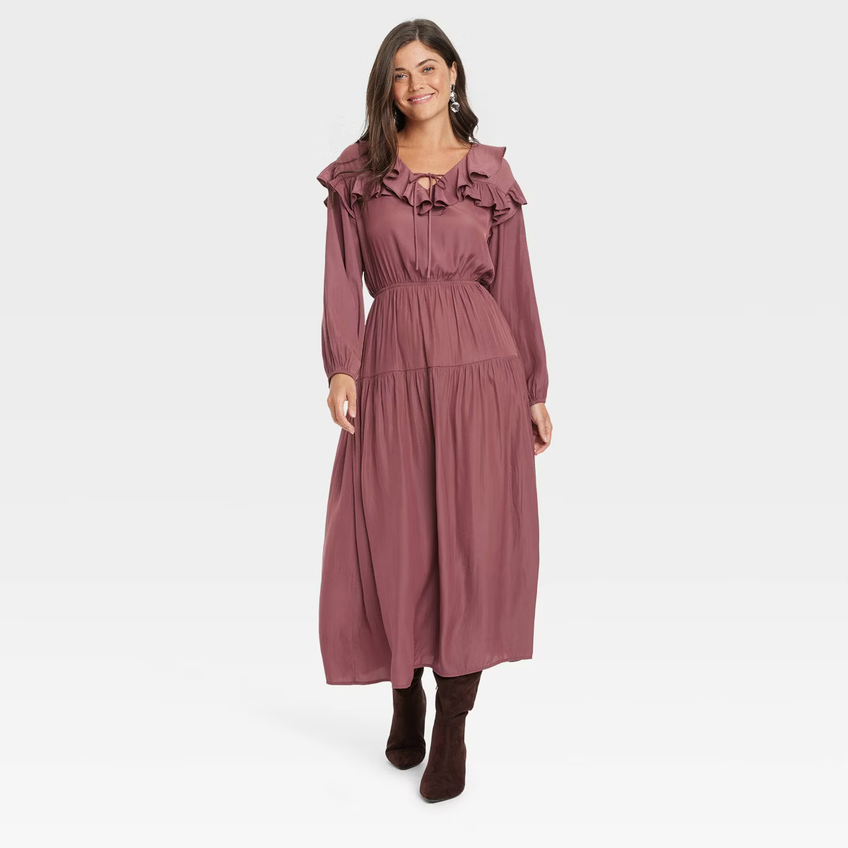 Women's Long Sleeve Ruffle Maxi A-Line Dress - Universal Thread™ Dark Mauve S | Target