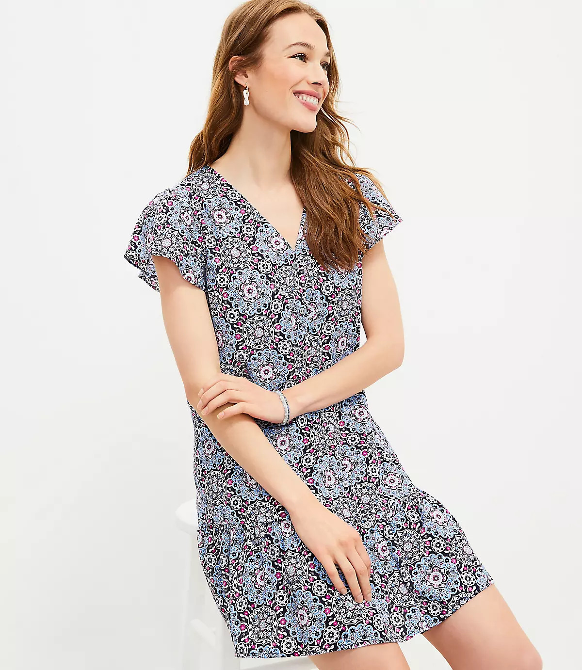 Medallion Button Ruffle Flounce Dress | LOFT | LOFT