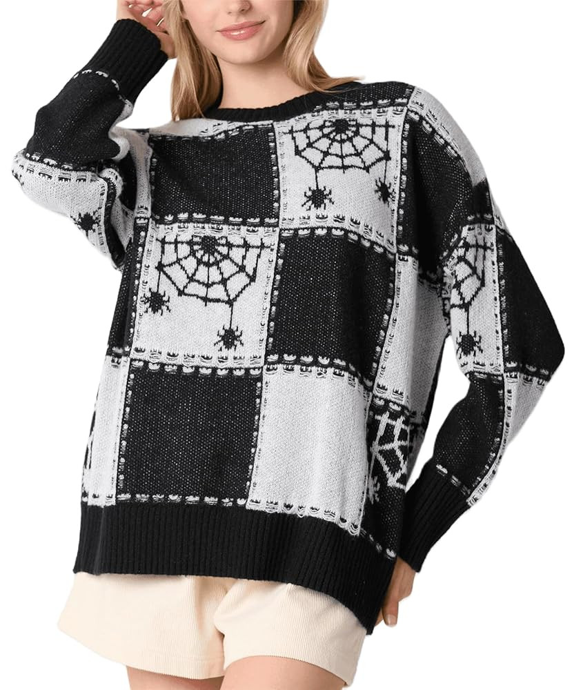 Women Checkered Holiday Oversized Sweater Cute Plaid Print Crewneck Sweatshirt Y2k Knit Puff Slee... | Amazon (US)