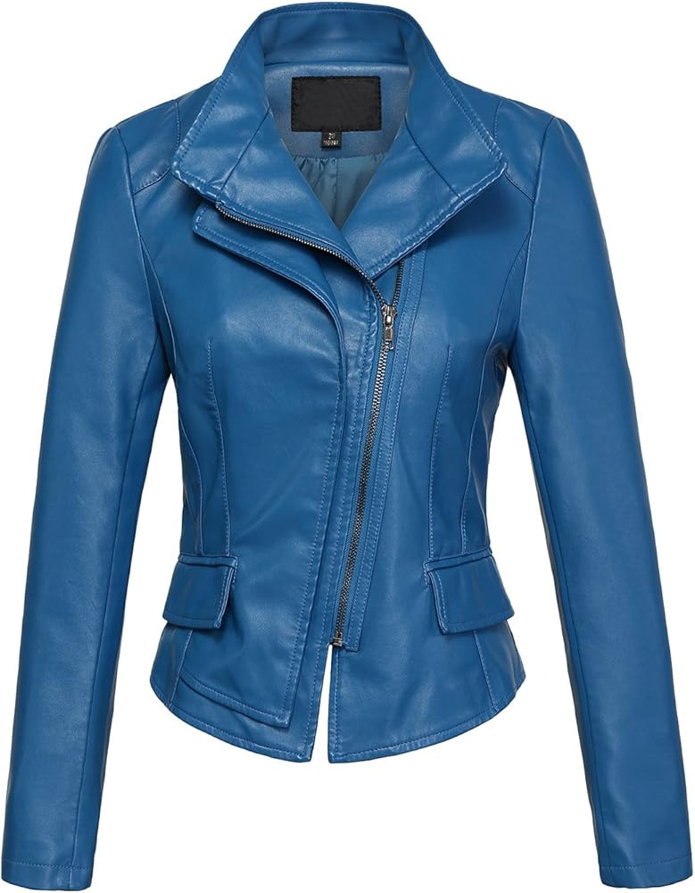 chouyatou Women's Stylish Oblique Zip Slim Faux Leather Biker Outerwear Jacket | Amazon (US)