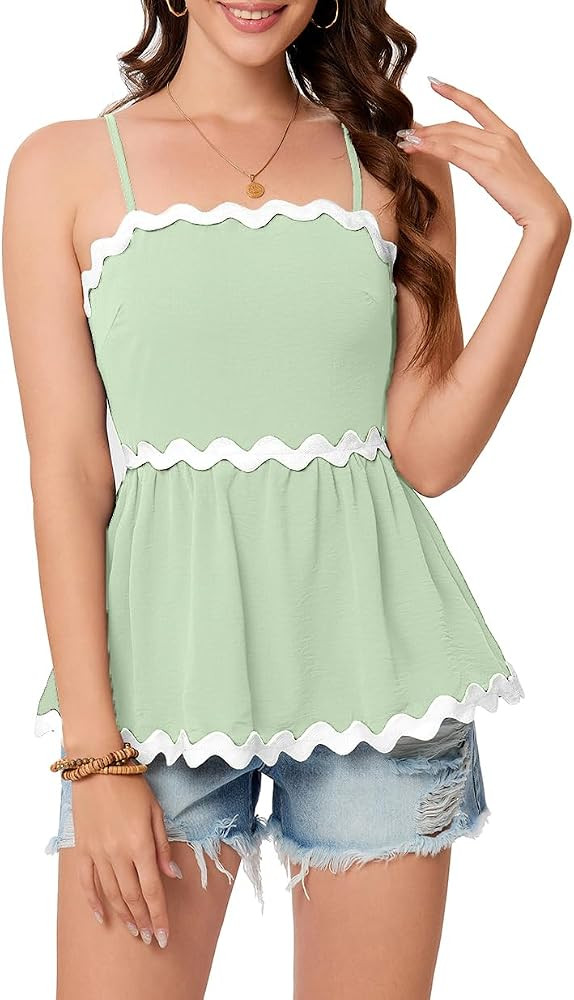 Women's Summer Tank Tops Cute Peplum Crewneck/Spaghetti Straps Cami Vacation Shirt | Amazon (US)