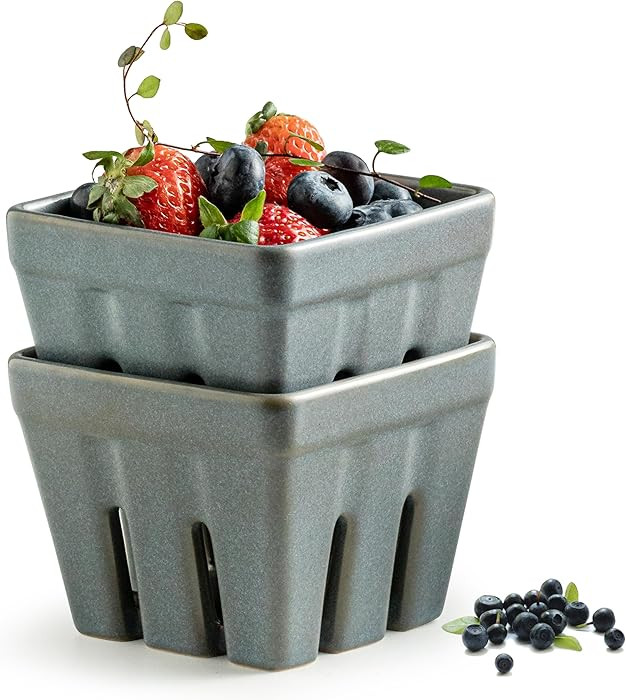 Gomakren Berry Basket Set of 2, Square Fruit Bowls with Holes, Ceramic Fruit Basket Storage Conta... | Amazon (US)