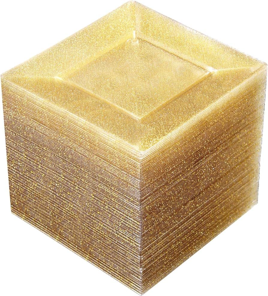 Liacere 100PCS Gold Square Plastic Plates - 6inch Gold Glitter Disposable Cake Plates- Premium Pl... | Amazon (US)