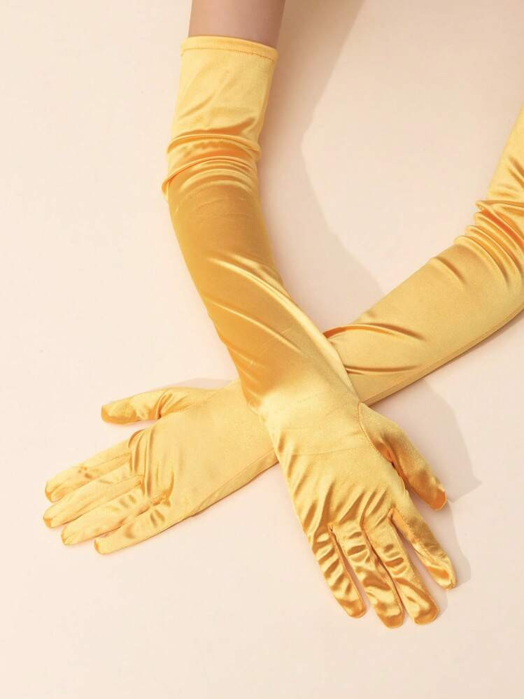 1 Par De Guantes Elegantes De Satén De Manga Larga Para Vestido De Noche, Accesorios De Unicolor Para Halloween, Guantes De Invierno Para Boda | SHEIN