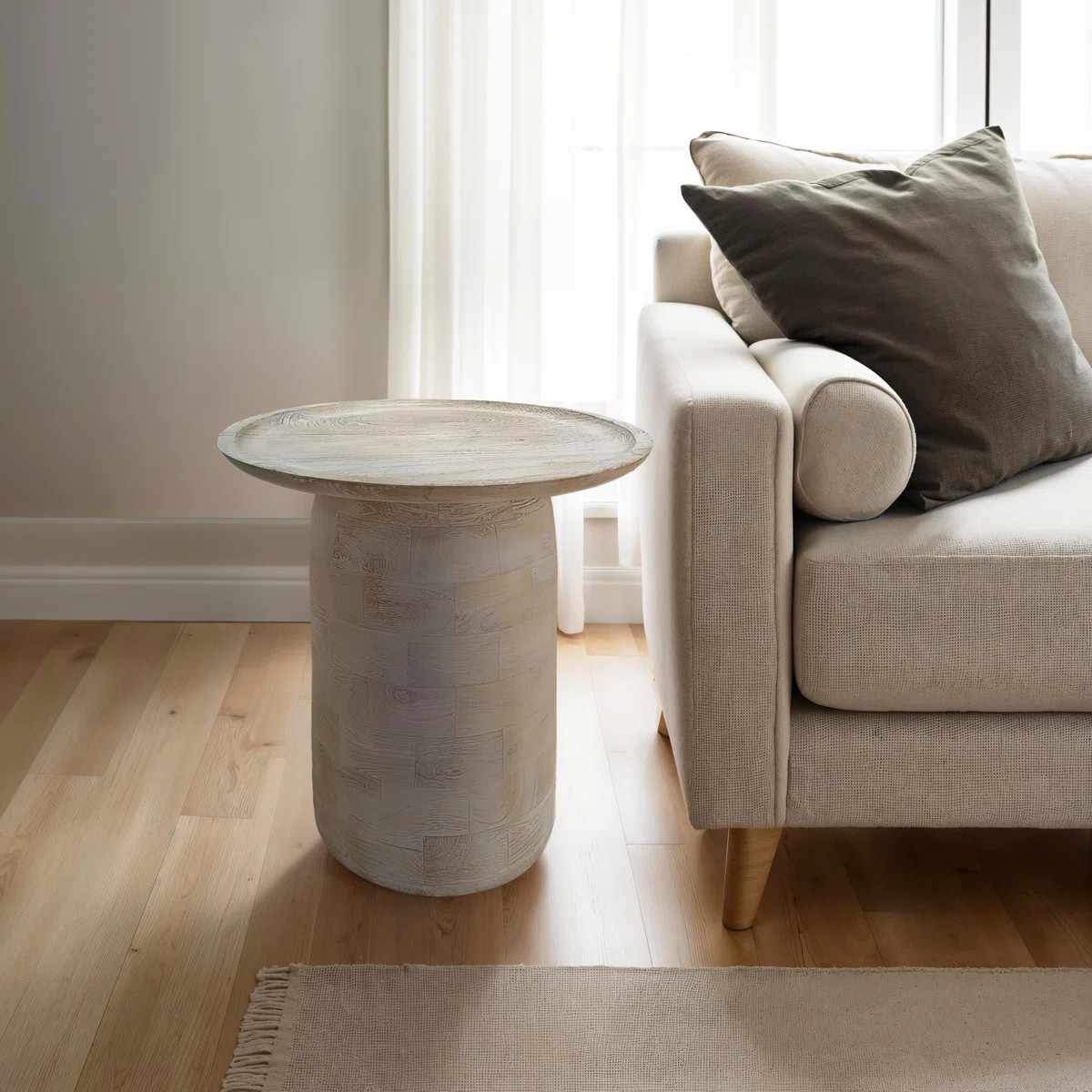 Joana Side End Table, Sandblasted Distressed White Mango Wood, 17 Inch Round Top | Wayfair North America