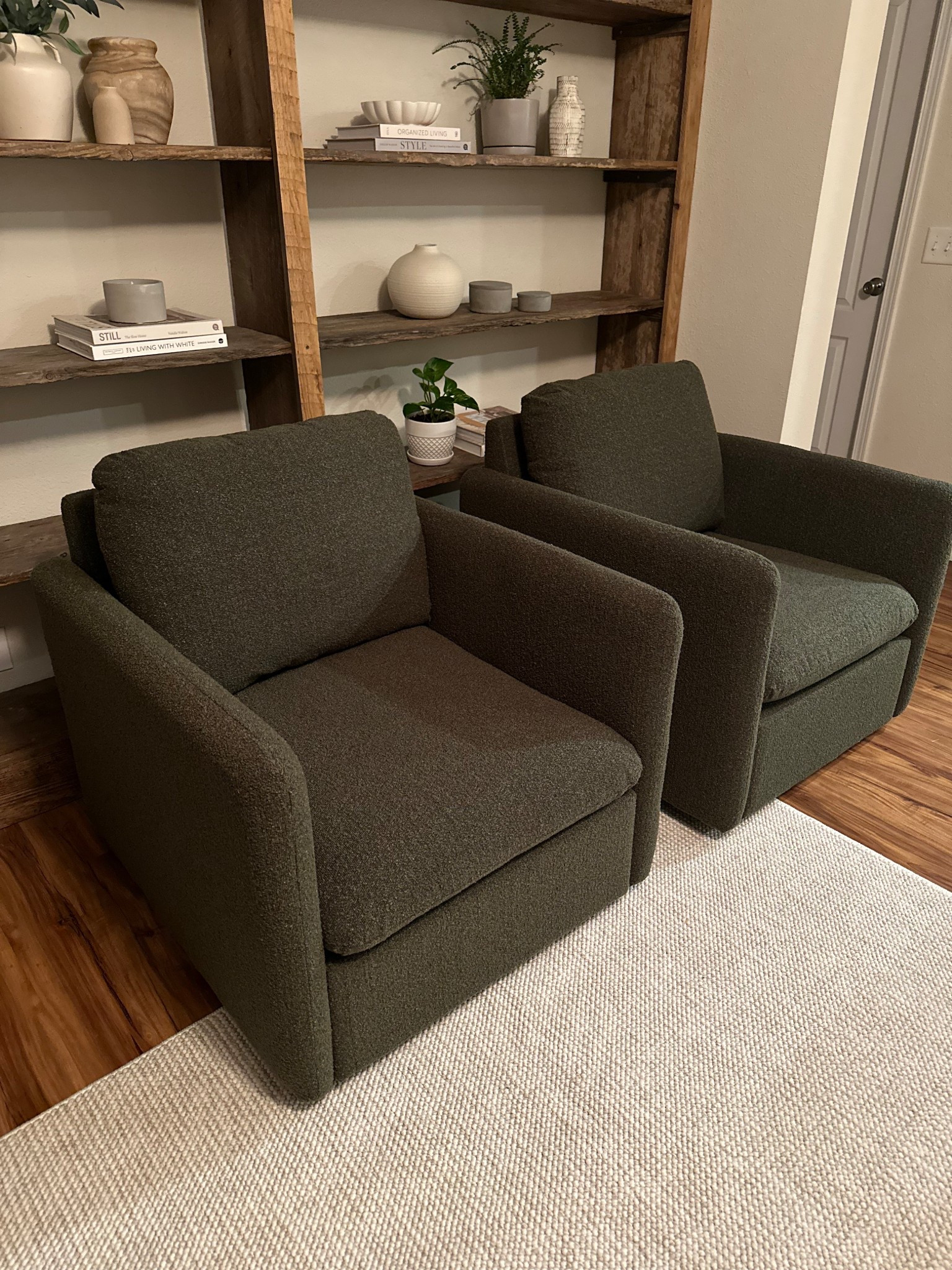 I’m super impressed with these chairs! They’re deep and wide plus they swivel. The fabric is a boucle so it’s extra soft and also durable. I got them on sale so definitely wait for another sale!

Accent chairs, two chairs, cabin design, cozy chairs, green chairs, olive green chair, swivel chair, interior design, home ideas, cozy home

#LTKHome