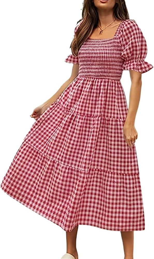 Women's Casual Dresses Plaid Square Neck Ruffle Puff Sleeve Tiered Midi Dress Summer Dresses 2024 | Amazon (US)