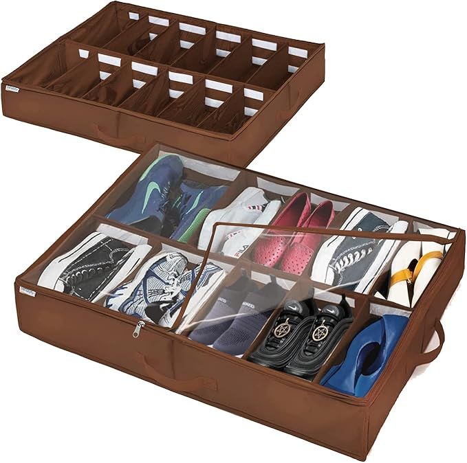 Under Bed Shoe Storage Organizer, Adjustable Dividers (2 Pack Fits 24 Pairs) Shoe Organizer Under... | Amazon (US)