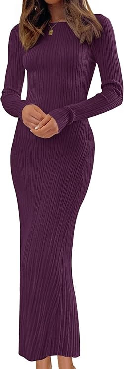 MEROKEETY Women's 2024 Long Sleeve Bodycon Sweater Dress Fall Crew Neck Ribbed Knit Maxi Dresses | Amazon (US)