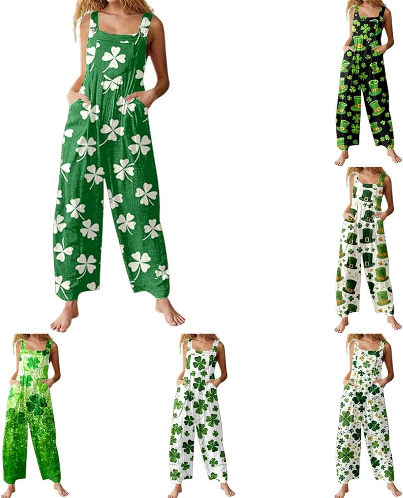 Womens St Patricks Day Outfit Leprechaun Shamrock Summer Checkered Overalls Costume Loose Fit Wid... | Amazon (US)