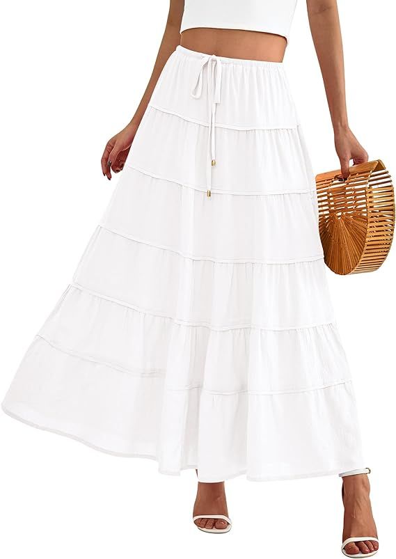 BTFBM Women Summer Maxi Skirt Drawstring Elastic Mid-Waist Cotton Boho Beach Dress Tiered Flowy L... | Amazon (US)