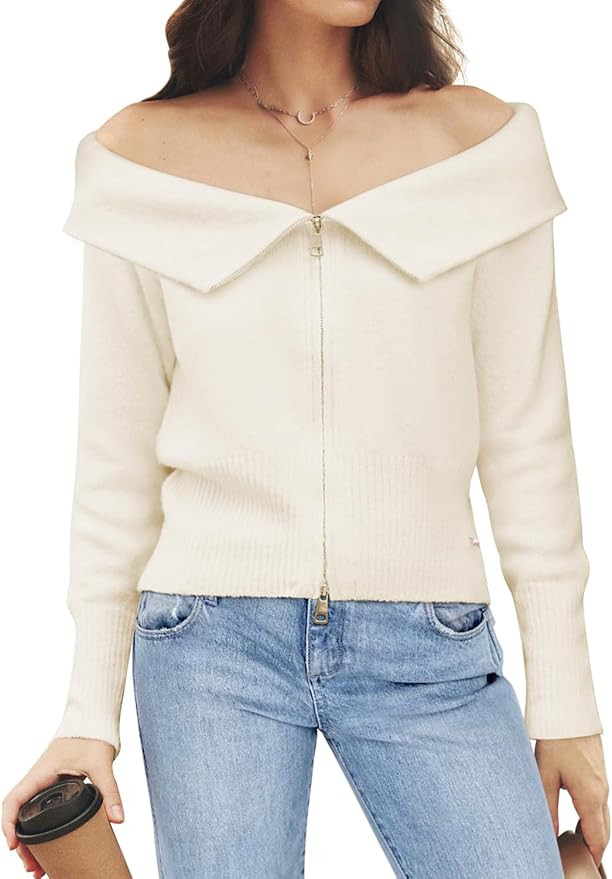 MIHOLL Sweaters for Women 2024 Trendy Sexy Long Sleeve Zip Up Collar Cropped Off The Shoulder Swe... | Amazon (US)