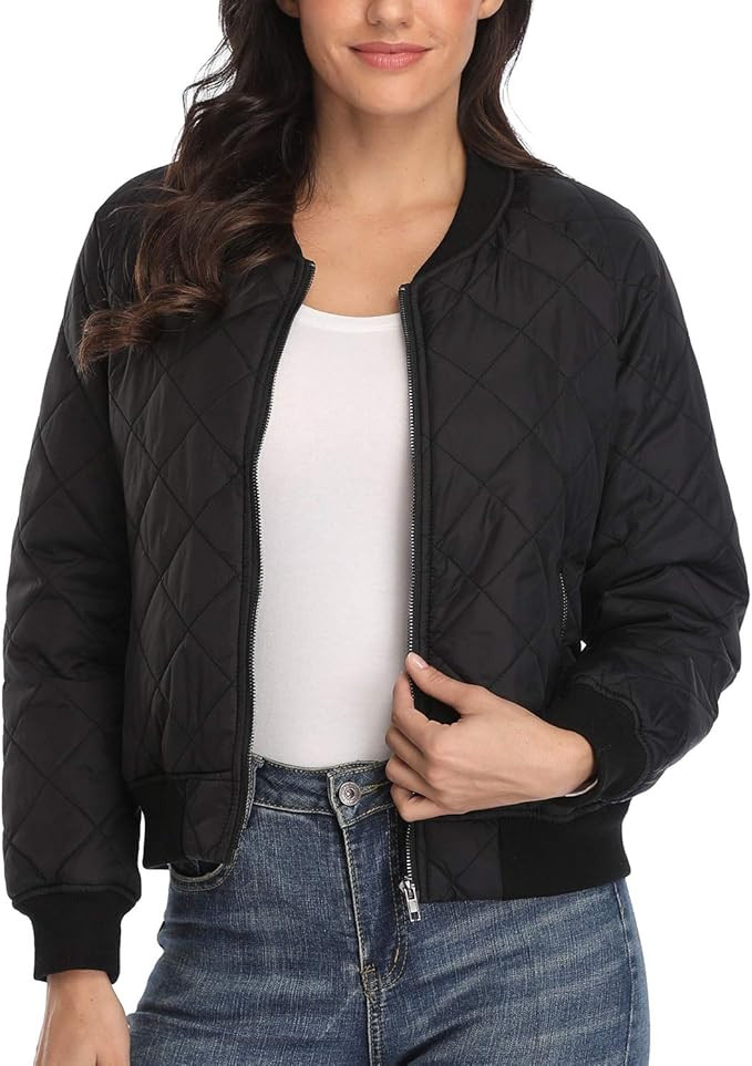 andy & natalie Women's Quilted Jacket Long Sleeve Zip up Raglan Bomber Jacket with Pockets | Amazon (US)