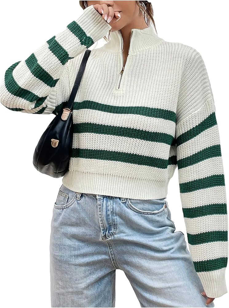 GORGLITTER Women's Quarter Zip Crop Sweater Long Sleeve Striped Color Block High Neck Knit Tops | Amazon (US)